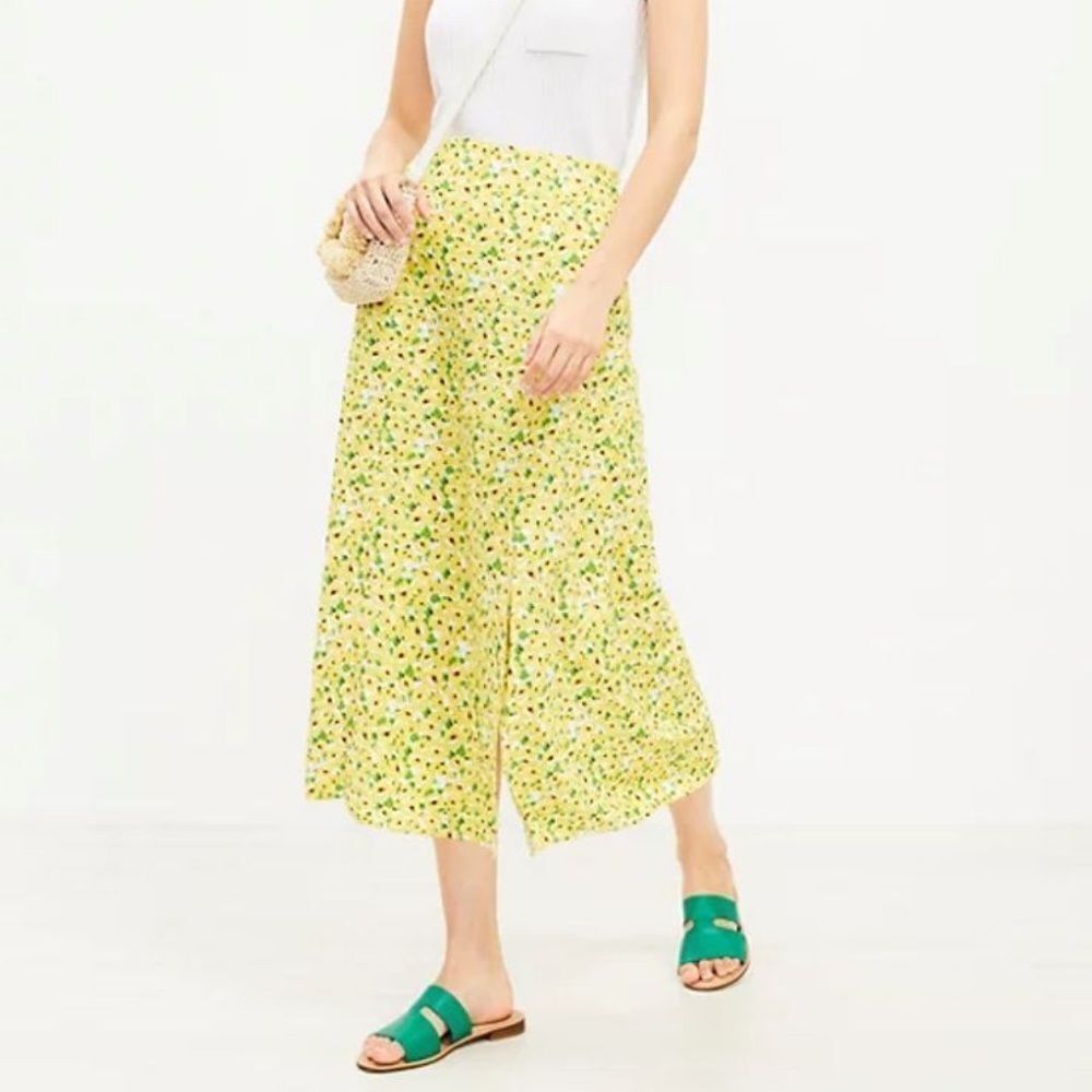 Ann Taylor LOFT linen yellow floral side slit midi skirt women’s size 14